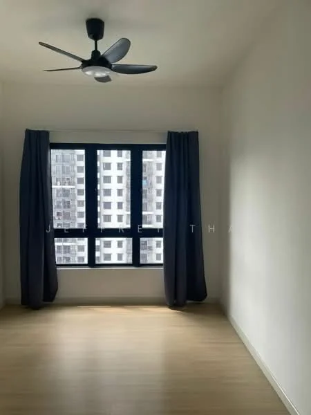 Room features: light wood flooring, white painted walls, 5-blade ceiling fan, floor-to-ceiling windows, blackout curtains, city view; style: modern; view: city.