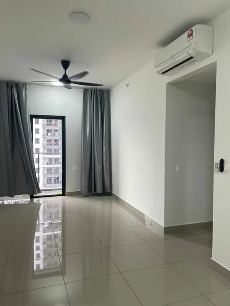 Living features: grey curtains, floor-to-ceiling window, sliding glass door, white painted walls, polished ceramic tile flooring, 5-blade ceiling fan, wall-mounted split AC, recessed ceiling lights; style: modern; view: city.