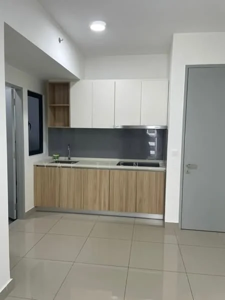 Kitchen features: white upper cabinets, wood lower cabinets, grey backsplash, single-bowl stainless-steel sink, chrome pull-down faucet, countertop with integrated space for appliances, built-in stove, tile flooring, recessed downlights, window with black frame; style: modern.