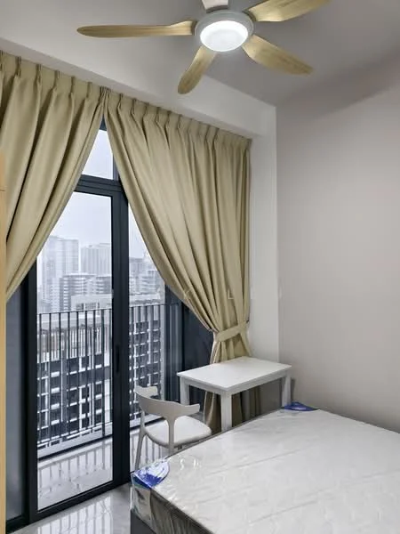 Bedroom features: queen-size bed, 5-blade ceiling fan with integrated LED light, floor-to-ceiling windows, sheer curtains, balcony access, white painted walls, light-colored flooring, small table, chair; style: modern; view: city.