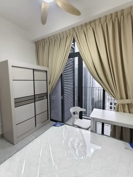 Bedroom features: queen-size bed, white mattress, light wood wardrobe with sliding doors, white study desk, white chair, floor-to-ceiling windows, sheer curtains, light grey wall, polished tile flooring, ceiling fan; style: modern; view: city.