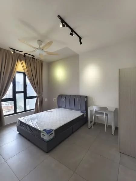Bedroom features: queen-size bed, upholstered headboard, 5-blade ceiling fan with light, floor-to-ceiling windows, sheer curtains, grey tiled flooring, study desk, chair, decorative wall lighting; style: modern; view: city.