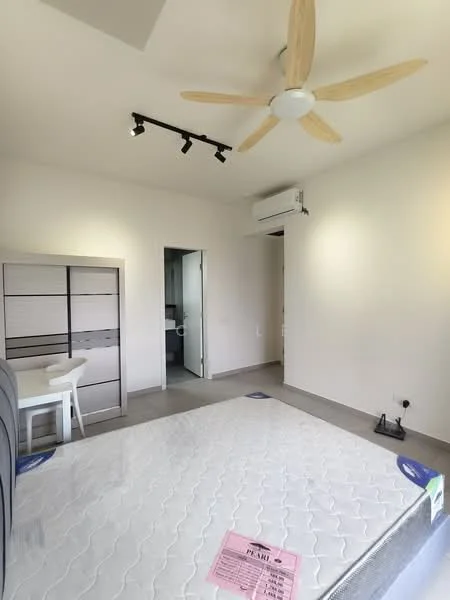 Bedroom features: queen-size bed, 5-blade ceiling fan, wall-mounted split AC, light-colored walls, tile flooring, built-in wardrobe, track lighting, window with natural light, table with chairs; style: modern.