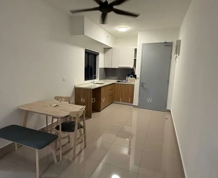 Kitchen features: white painted walls, glossy tile flooring, ceiling fan, kitchen cabinets in wood finish, single-bowl stainless-steel sink, chrome pull-down faucet, built-in oven, stainless-steel range hood, 4-burner gas hob, window with black frame, dining table with wooden surface, 2 wooden chairs, open layout; style: modern. Living features: glossy tile flooring, white painted walls, ceiling fan, window with black frame, open layout; style: modern.