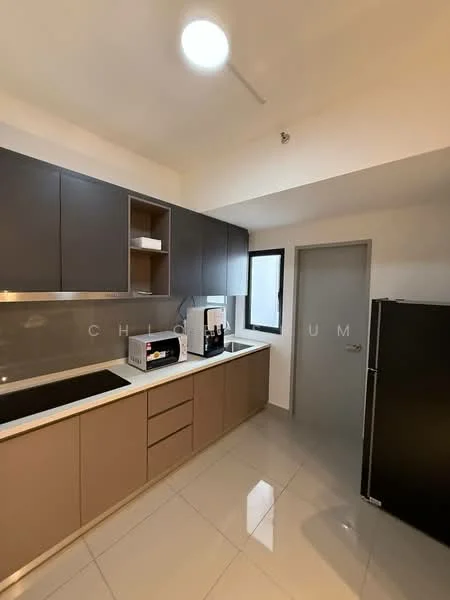 Kitchen features: dark wood cabinetry, white countertop, stainless-steel sink, built-in oven, microwave, black refrigerator, ceramic tile flooring, grey backsplash, single-bowl stainless-steel sink, window with view, recessed ceiling light; style: modern.