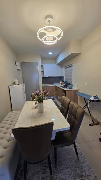 Dining features: rectangular dining table with marble top, upholstered dining chairs in beige, chandelier with circular design, grey area rug, white sideboard cabinet, kitchen area visible in background, grey tiled flooring, wall-mounted light fixture, iron board, kitchen appliances visible; style: modern.