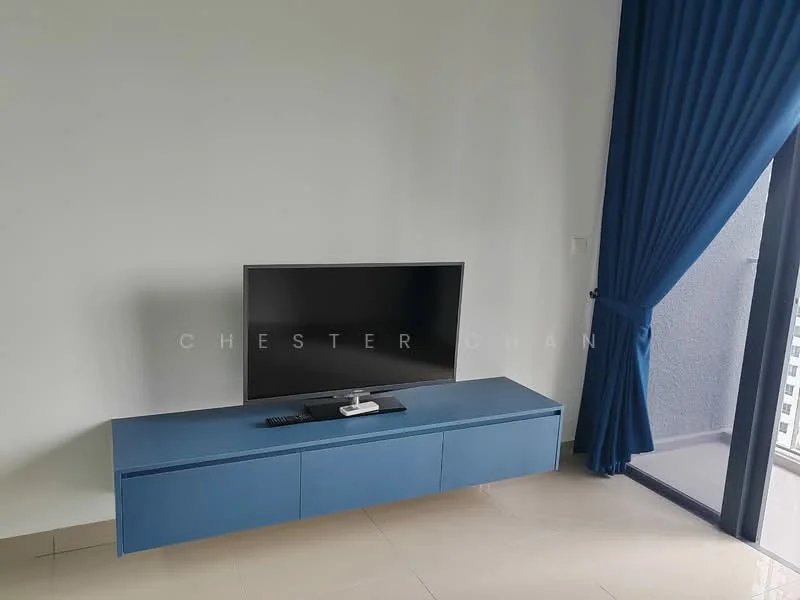 Living features: flat-screen TV on console, blue media console, light-colored tiled flooring, floor-to-ceiling windows, blue curtains, white painted walls, remote control on console; style: modern; view: city.