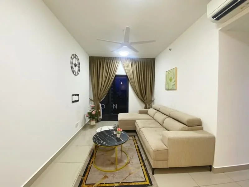 Living features: cream fabric sectional sofa, black round coffee table with gold base, wall clock, framed artwork, floor-to-ceiling windows with sheer curtains, recessed downlights, 5-blade ceiling fan with light, light-colored tiled flooring, decorative plants in ceramic pots, area rug with geometric pattern; style: modern.