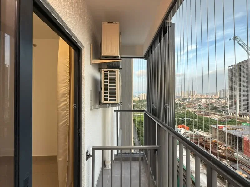 Room features: balcony with railing, floor-to-ceiling sliding glass door, wall-mounted split AC unit, grey tiled flooring, exterior view of city skyline, concrete wall surface, outdoor space; style: modern; view: city.