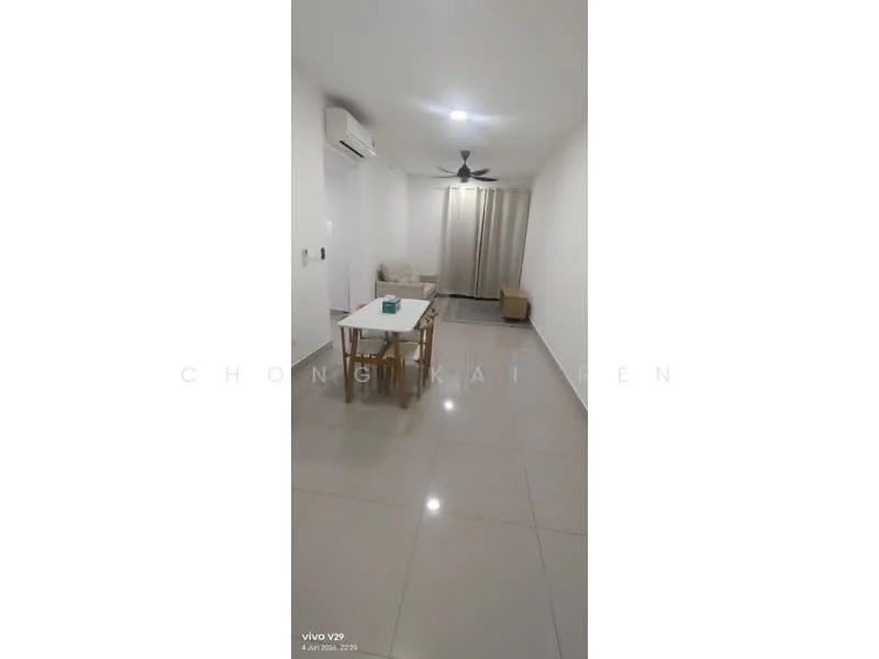Living features: white painted walls, glossy ceramic tile flooring, 5-blade ceiling fan with light, wall-mounted split AC, dining table with four chairs, sofa, curtains, light-colored decor, neutral color scheme; style: modern.