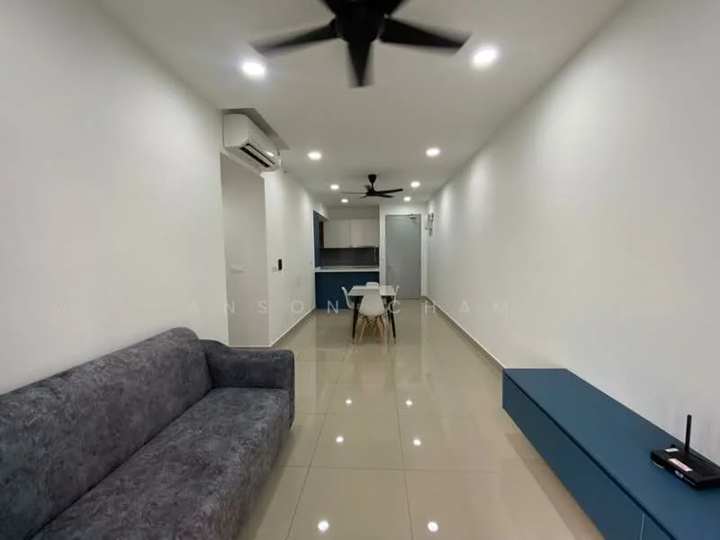 Living features: grey fabric sofa, white painted walls, glossy tile flooring, ceiling fan, recessed LED downlights, wall-mounted TV console in blue, dining table with chairs, air conditioning unit; style: modern.