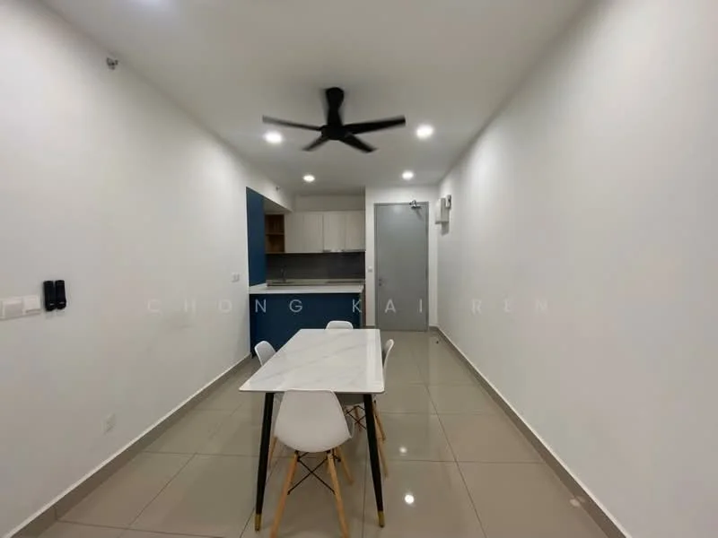 Dining features: white painted walls, grey tiled flooring, 5-blade ceiling fan with light, 4-seater dining table with marble top, white plastic chairs, recessed LED downlights, open kitchen area visible in background, door leading to hallway, kitchen cabinetry visible, neutral color scheme; style: modern.