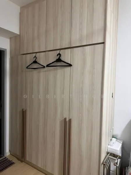 Room features: built-in wardrobe with wood finish, two vertical handles, shelves above for storage, hangers on hooks, neutral color scheme, smooth surface, minimalist design; style: modern.