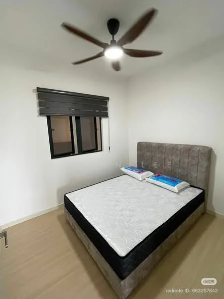 Bedroom features: queen-size bed, upholstered headboard, 2 pillows, ceiling fan with light, window with black roller blinds, light wood flooring, white painted walls; style: modern.