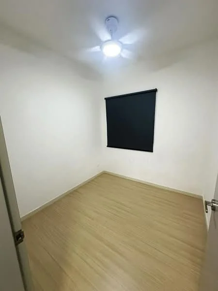 Room features: white painted walls, laminate flooring, ceiling light, black roller blinds, single door, empty space.