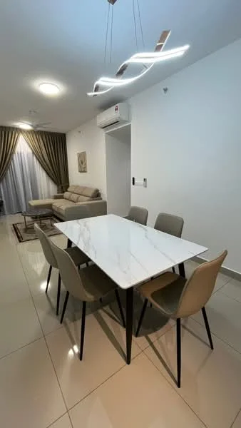 Dining features: marble dining table, 4 dining chairs in beige, recessed ceiling lights, modern pendant light fixture, cream painted walls, large window with sheer curtains, air conditioning unit on wall, tile flooring; style: modern. Living features: beige sectional sofa, decorative area rug, wall-mounted artwork, floor lamp, light-colored throw pillows; style: modern.