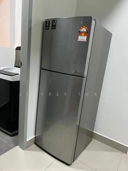 Room features: stainless-steel fridge.