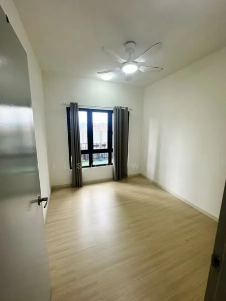 Bedroom features: light wood flooring, white painted walls, 5-blade ceiling fan with light, floor-to-ceiling window, blackout curtains, window with city view; style: modern; view: city.
