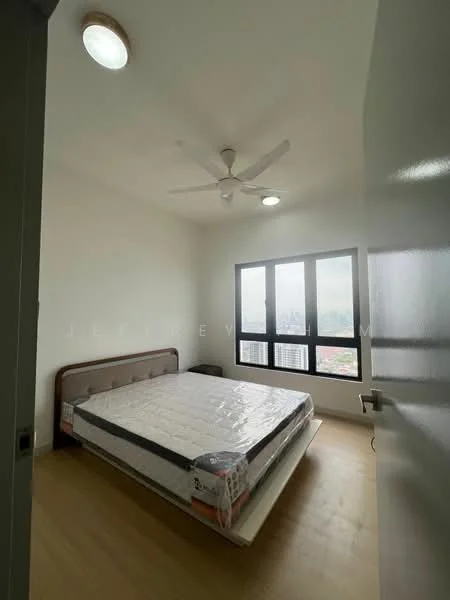Bedroom features: queen-size bed, upholstered headboard, 2 bedside lamps, ceiling fan with light, floor-to-ceiling windows, wooden flooring, white painted walls, blackout curtains; style: modern; view: city.