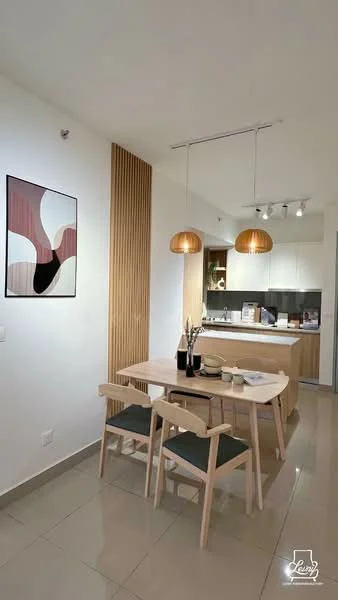 Dining features: wooden dining table, 4 dining chairs with green cushions, pendant lighting with wooden shades, white walls, grey tiled flooring, wall art with abstract design, wood panel accent wall, open kitchen layout; style: modern. Kitchen features: white cabinetry, stainless-steel appliances, countertop with integrated sink, recessed lighting, open shelving; style: modern.