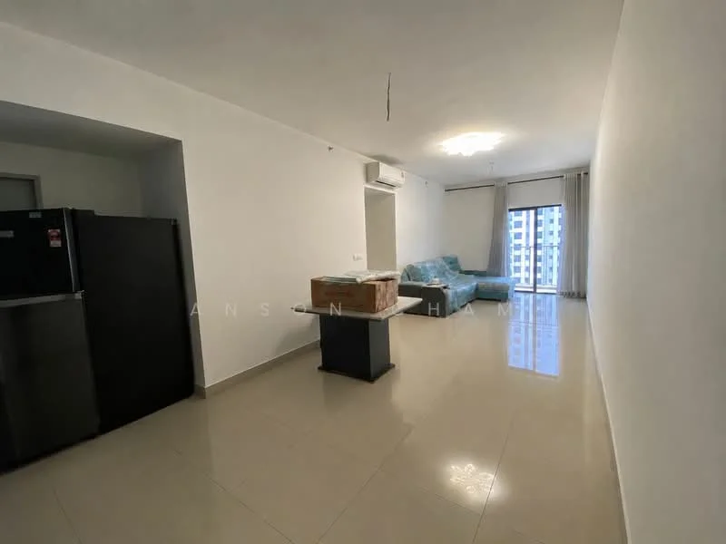 Living features: white painted walls, glossy tile flooring, ceiling light fixture, sofa in light blue fabric, coffee table, air conditioning unit, floor-to-ceiling windows, curtains, refrigerator, open layout; style: modern; view: city.