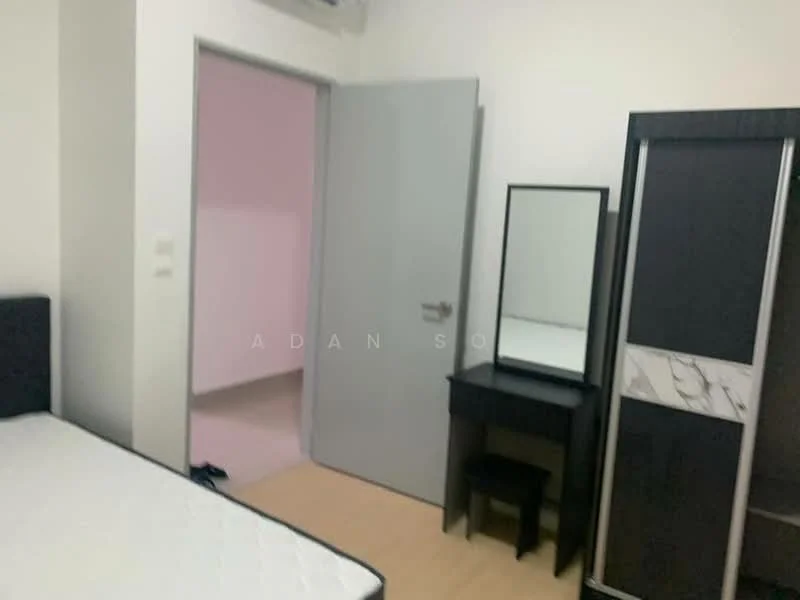 Room features: light wood flooring, grey painted walls, single bed frame, mirror on dresser, dark wood dresser, door leading to another room, small stool, minimalist decor; style: modern.