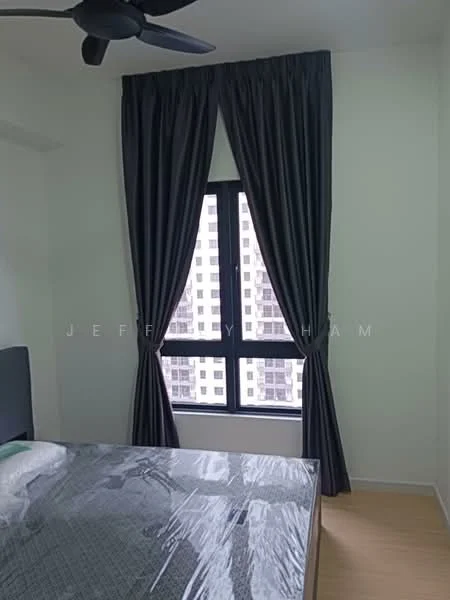 Bedroom features: floor-to-ceiling window, blackout curtains, light wood flooring, queen-size bed, upholstered headboard, bedside lamps, decorative wall, neutral painted walls; style: modern; view: city.