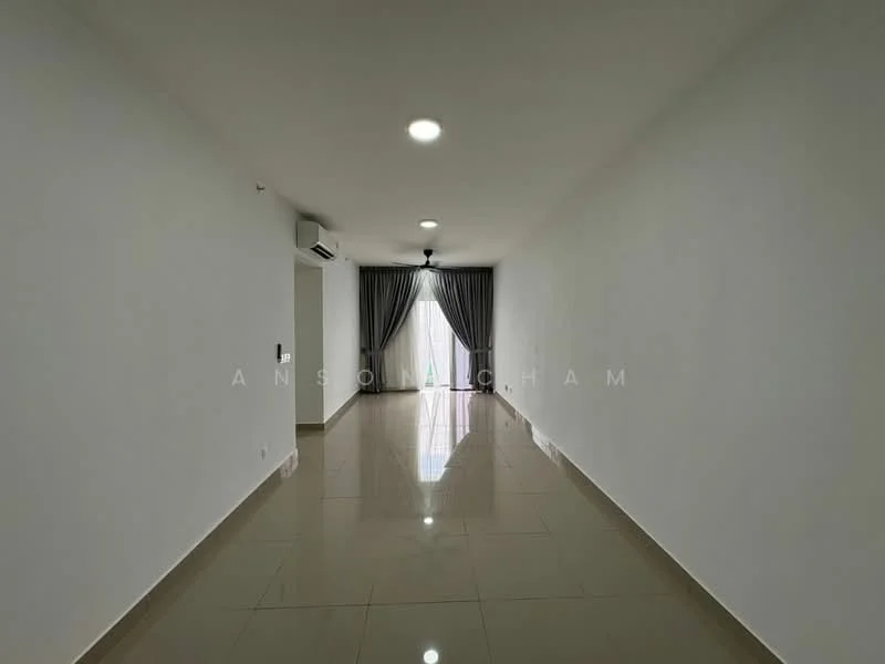 Room features: white painted walls, glossy ceramic tile flooring, recessed downlights, floor-to-ceiling windows, sheer curtains, wall-mounted split AC, neutral color scheme; style: modern.