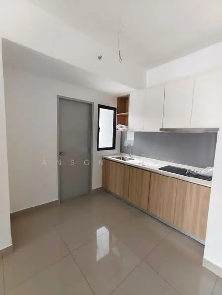 Kitchen features: white upper cabinets, wood lower cabinets, grey backsplash, stainless-steel sink, chrome pull-down faucet, built-in stove, countertop with overhang, tile flooring, single window, door to hallway; style: modern.