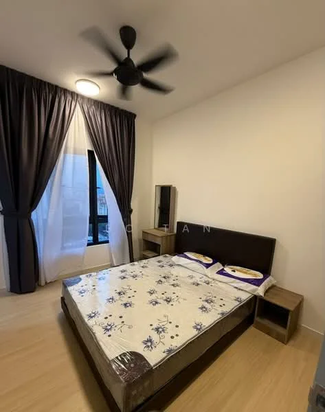 Bedroom features: queen-size bed with upholstered headboard, bedding with floral pattern, 2 bedside tables, floor-to-ceiling window, sheer curtains, blackout curtains, ceiling fan, light fixture, wooden flooring, wall-mounted mirror, white painted walls; style: modern.