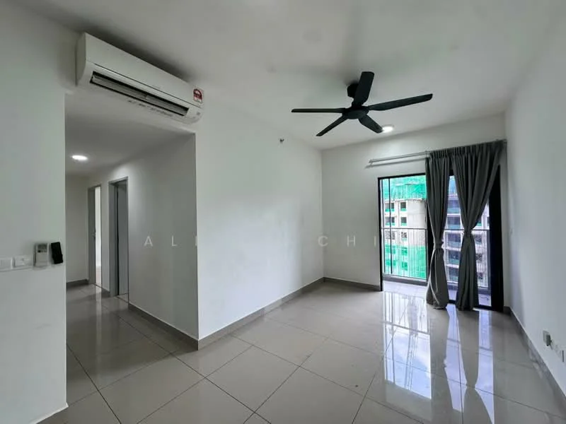 Living features: white painted walls, polished ceramic tile flooring, 5-blade ceiling fan with light, floor-to-ceiling windows, sliding glass door, curtains, wall-mounted split AC, neutral decor; style: modern; view: city.