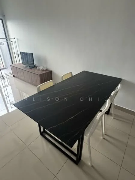 Dining features: black marble dining table with gold veining, 4 white plastic dining chairs, light grey walls, glossy beige tile flooring, TV console in wood finish, wall-mounted TV, floor-to-ceiling windows, natural light from windows; style: modern.