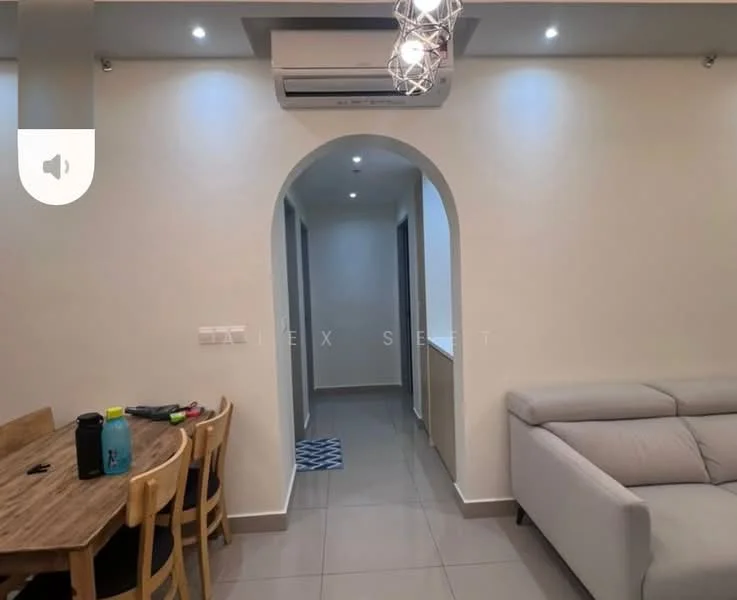 Living features: light grey sofa, wooden dining table, four wooden chairs, recessed downlights, air conditioning unit, grey tiled flooring, arched doorway, neutral painted walls; style: modern. Room features: grey tiled flooring, neutral painted walls, recessed downlights.