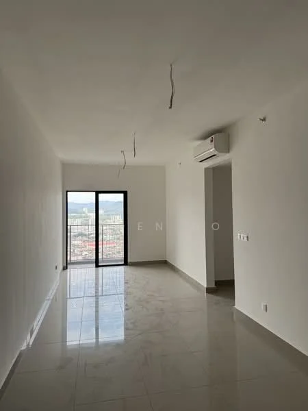 Room features: white painted walls, polished ceramic tile flooring, floor-to-ceiling windows, 1 wall-mounted split AC, city view, no visible lighting fixtures, no visible furniture or decor; style: modern; view: city.