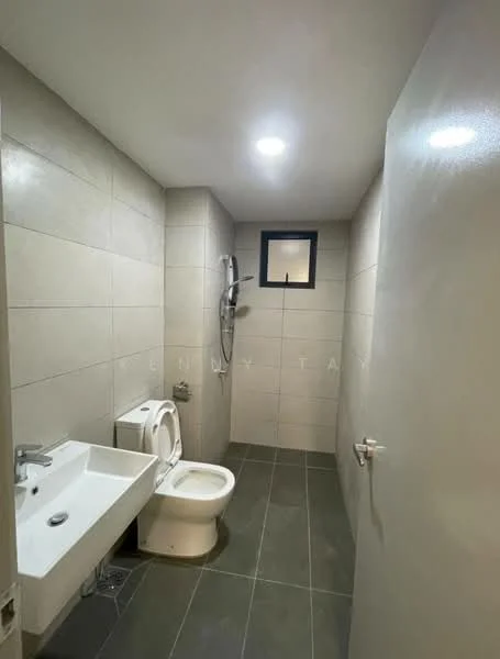 Bathroom features: grey tiled walls, white ceramic floor tiles, single-sink vanity with chrome faucet, one-piece toilet, shower with wall-mounted showerhead, small window for natural light, recessed ceiling lights; style: modern.
