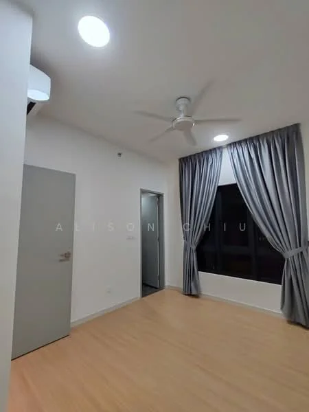 Room features: light wood flooring, white painted walls, ceiling fan, floor-to-ceiling windows, grey curtains, door with handle, recessed lighting; style: modern.