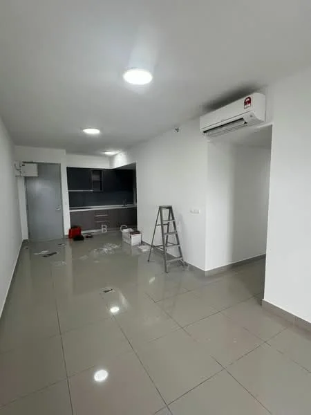 Room features: white painted walls, grey tiled flooring, recessed downlights, wall-mounted split AC, open kitchen layout, kitchen cabinetry, ladder, paint cans, door, window, unfinished space; style: modern.