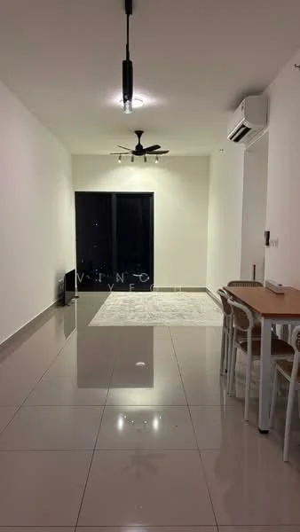 Living features: white painted walls, polished ceramic tile flooring, 5-blade ceiling fan with light, recessed downlights, floor-to-ceiling windows, sliding glass door, area rug, dining table with chairs, air conditioning unit; style: modern; view: city.