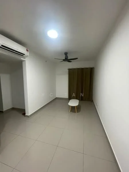 Living features: white painted walls, tile flooring, ceiling fan, LED ceiling light, curtains in brown, small round table with wooden legs, air conditioning unit on wall; style: modern.