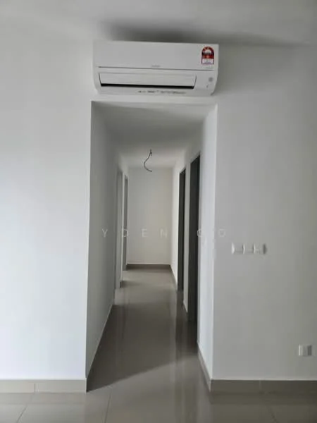 Hallway features: white painted walls, glossy tile flooring, 1 wall-mounted split AC, ceiling light fixture, doorways leading to other rooms; style: modern.