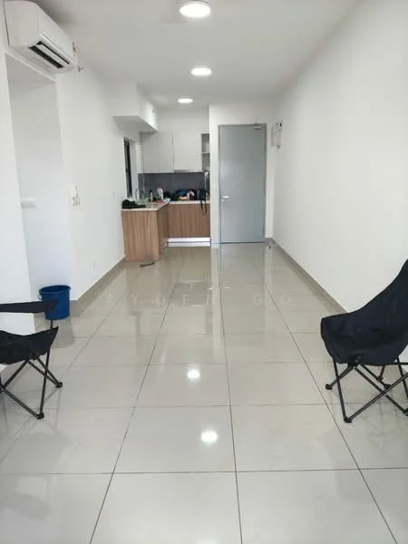Room features: white painted walls, glossy ceramic tile flooring, recessed downlights, 1 wall-mounted split AC, open kitchen with wooden cabinetry, kitchen countertop, door to hallway, two folding chairs; style: modern.