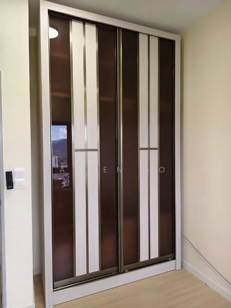 Room features: built-in wardrobe with sliding doors, brown and white paneling, metal handles, laminate finish, light wood flooring, neutral wall color; style: modern.