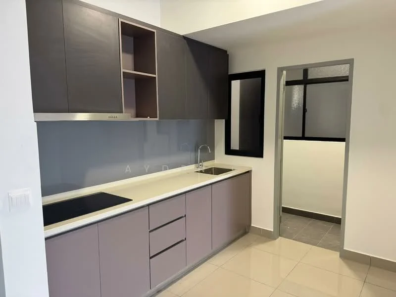 Kitchen features: grey cabinetry, white countertop, stainless-steel sink, chrome pull-down faucet, built-in cooktop, wall-mounted range hood, tile backsplash, floor tiles, window with black frame, open layout; style: modern. Room features: grey floor tiles, window with black frame.