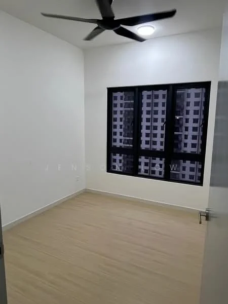 Bedroom features: light wood flooring, white painted walls, 5-blade ceiling fan, recessed ceiling light, floor-to-ceiling windows, black window frames, curtains, minimalist decor; style: modern; view: city.