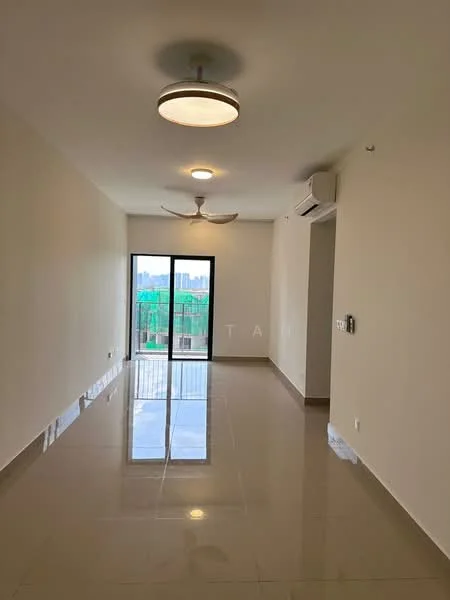 Living features: white painted walls, glossy ceramic tile flooring, 5-blade ceiling fan with light, recessed downlights, floor-to-ceiling windows, sliding glass door, balcony access, air conditioning unit; style: modern; view: city.