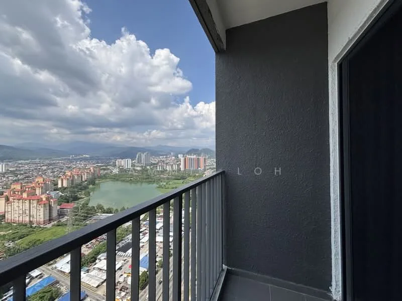 Room features: balcony, grey painted walls, black railing, floor-to-ceiling sliding door, city skyline view, lake view, cloudy sky, urban landscape; style: modern; view: city.