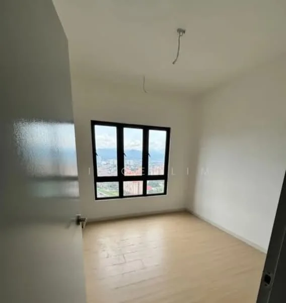 Room features: white painted walls, light wood flooring, floor-to-ceiling window, city view, single light fixture, no visible furniture; style: modern; view: city.