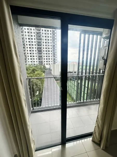 Room features: sliding glass door, floor-to-ceiling windows, balcony with railing, grey tiled flooring, curtains, view of greenery, view of building, outdoor space; view: garden.