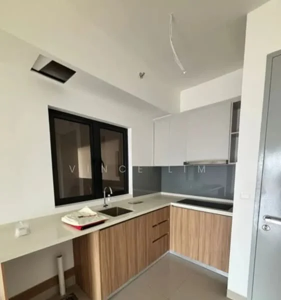 Kitchen features: white upper cabinets, wood lower cabinets, grey backsplash, single-bowl stainless-steel sink, chrome pull-down faucet, built-in oven, ceramic tile flooring, recessed downlights, window with black frame, countertop with overhang; style: modern.