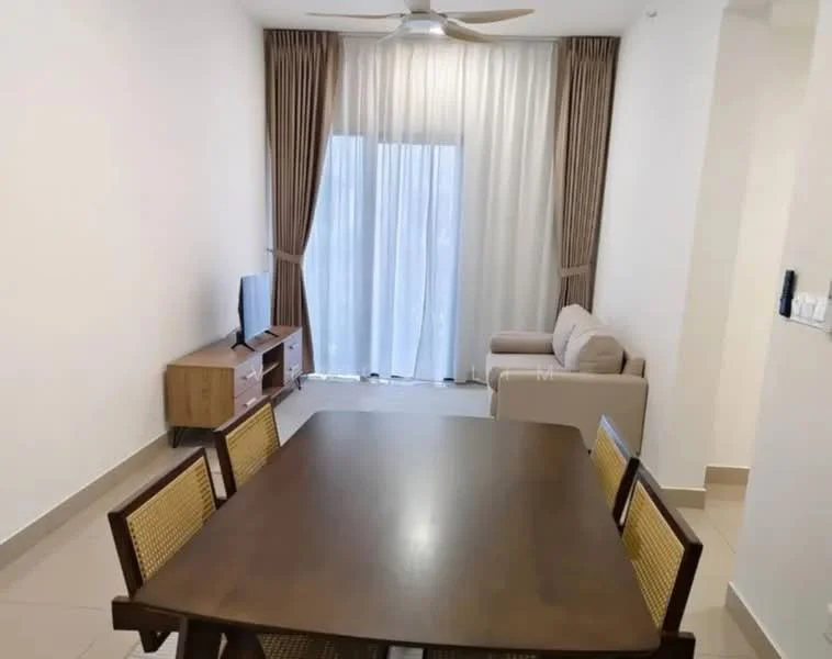 Dining features: 6-seater dining table, wooden dining table, woven dining chairs, light grey walls, tile flooring, ceiling fan, floor-to-ceiling windows, sheer curtains, TV console, wall-mounted TV, sofa in light beige, wooden sideboard; style: modern.